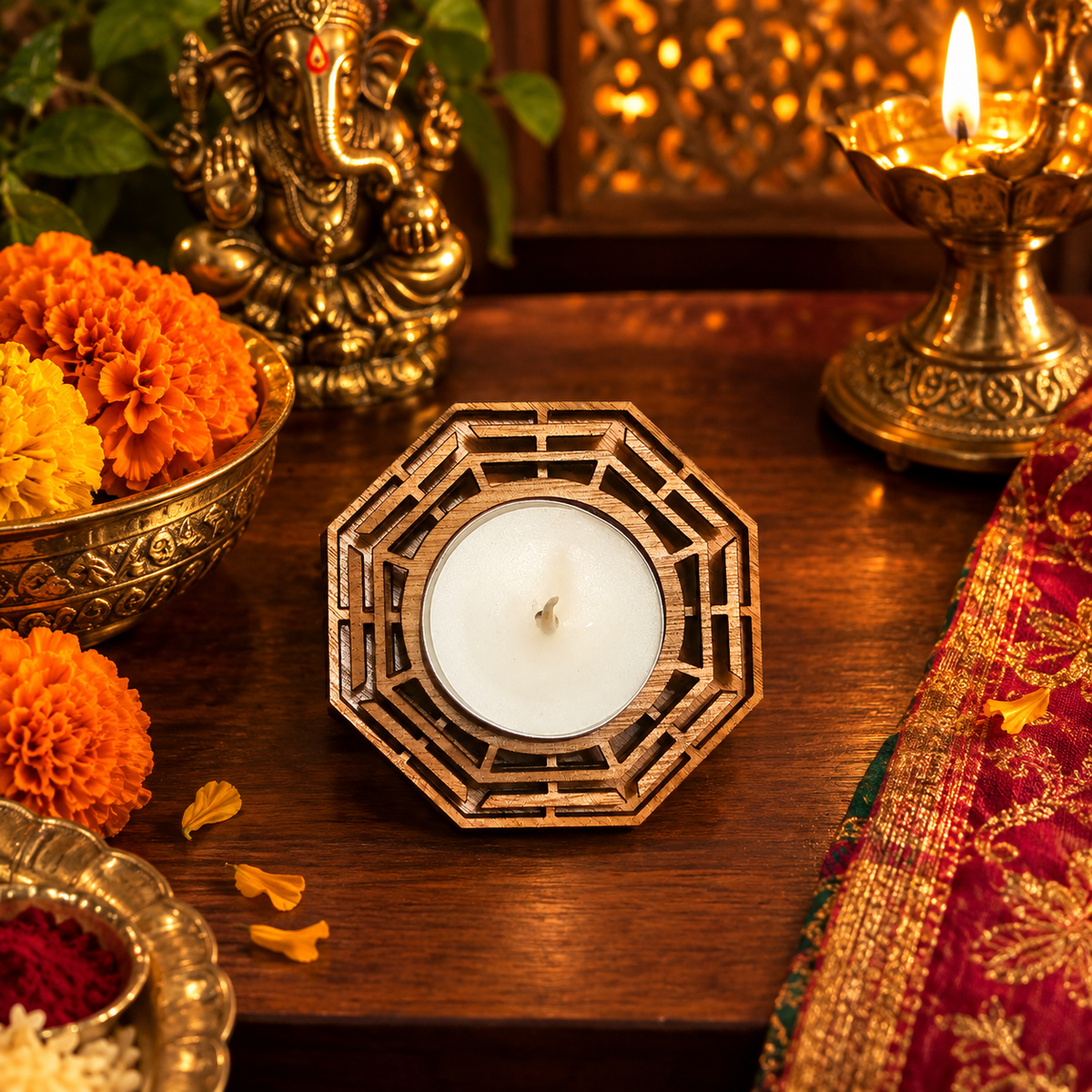🪔 Wooden Octagonal Tealight Holder – Indian Inspired Candle Decor