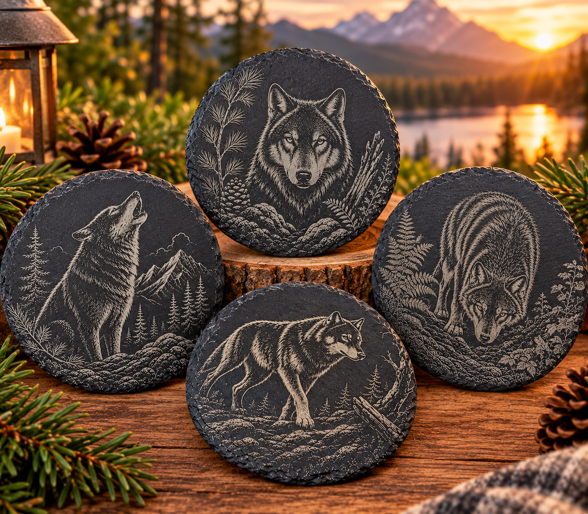 Wolf Engraved Slate Coasters – Set of 4 Wildlife Designs