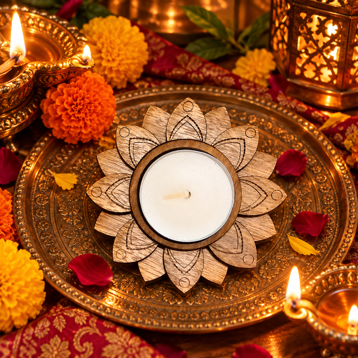 Wooden Lotus Tealight Holder | Diwali Home Décor