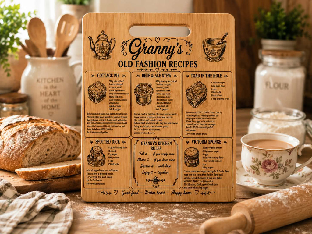Granny’s Recipe & Cure All Engraved Bamboo Boards | Traditional Kitchen Gifts