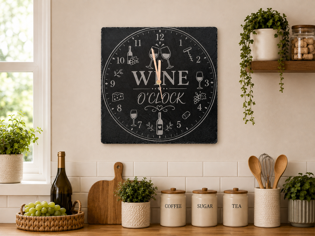 Wine O'clock Engraved Slate Wall Clock | Rustic Kitchen & Home Bar Décor | Keen Creations UK