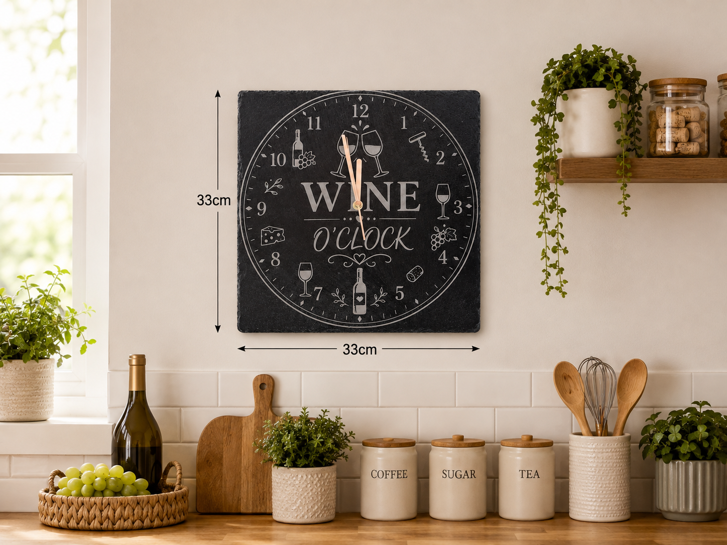Wine O'clock Engraved Slate Wall Clock | Rustic Kitchen & Home Bar Décor | Keen Creations UK