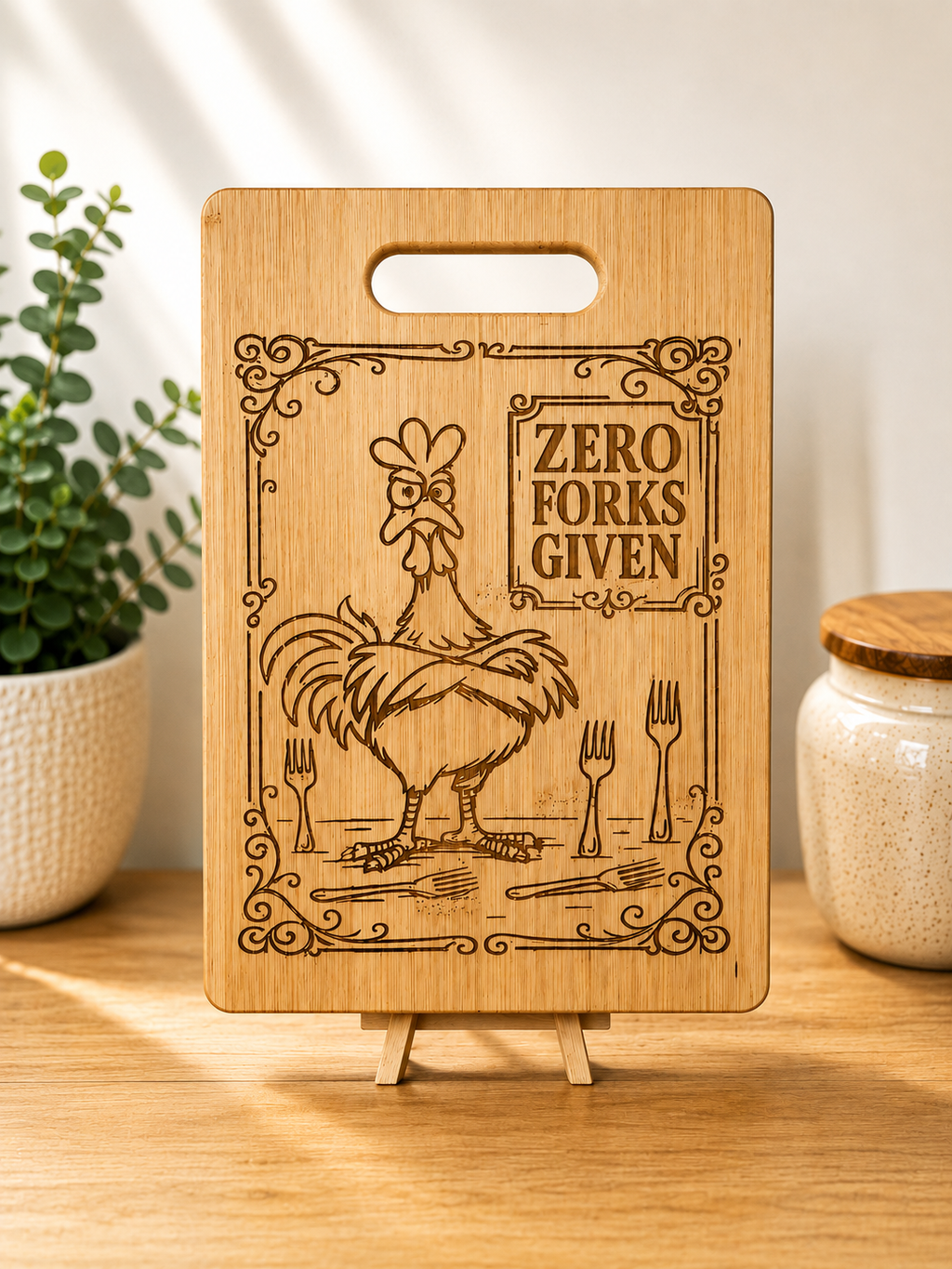 Funny Engraved Chopping Board – Zero Forks Given Rooster Kitchen Gift