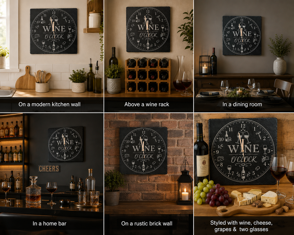 Wine O'clock Engraved Slate Wall Clock | Rustic Kitchen & Home Bar Décor | Keen Creations UK