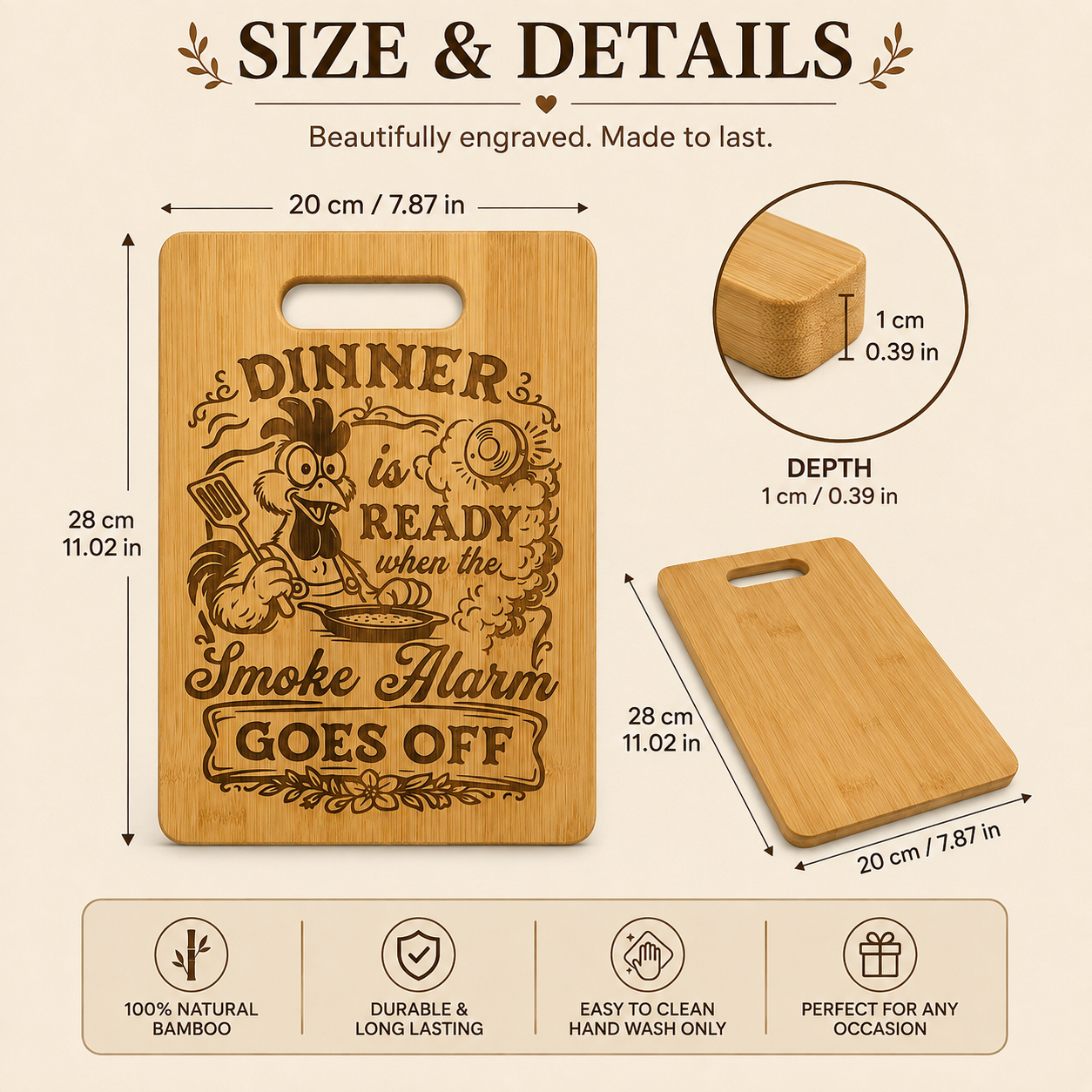 Funny Engraved Bamboo Chopping Board – “Dinner Is Ready When the Smoke Alarm Goes Off”